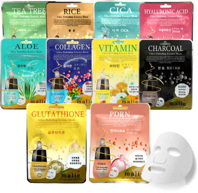 마리에 에센스 마스크팩 20ml x 100매 NEW제품 (글루타치온 PDRN 히알루론산 시카 차콜 쌀 티트리 콜라겐 알로에 비타민 10종), 10개, 10개입