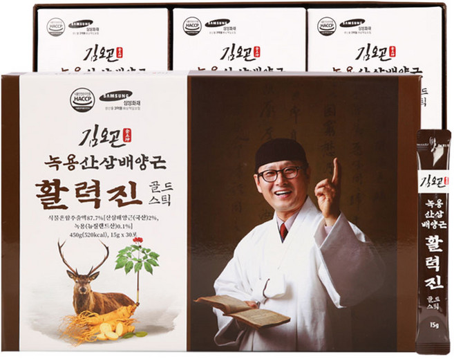 김오곤 녹용 산삼 배양근 활력진 골드 스틱 15g 30포 건강즙, 30회분, 5개, 450g