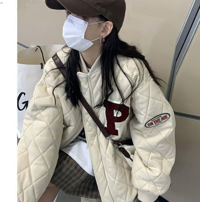 羽絨外套 風衣外套 防風外套 棉服女年新款棉襖棒球服冬季外套小眾設計感菱格oversize棉衣