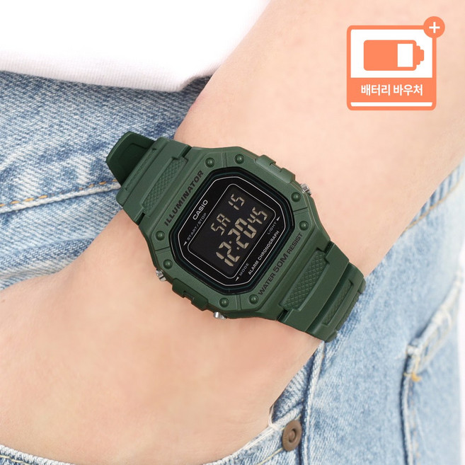 카시오 CASIO 군대 군인 남성 우레탄 디지털 방수 손목시계 + 배터리 바우처