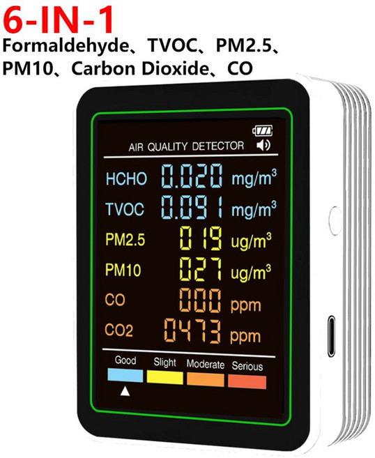 공기질감지기 6 in 1 공기질 모니터 포름알데히드 TVOC PM2.5 PM10 CO 감지기 대형 컬러 화면 실내 공기 이산화탄소 테스터, 6-in-1 White, 1개