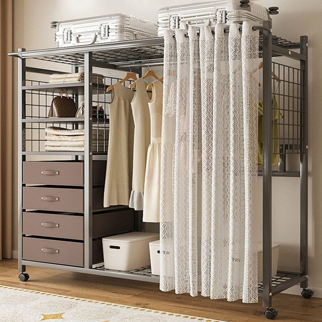 시스슈 강철 철제 이동식 시스템행거 옷장 대용량 저장용 간편한 조립 +커튼 포함, 블랙