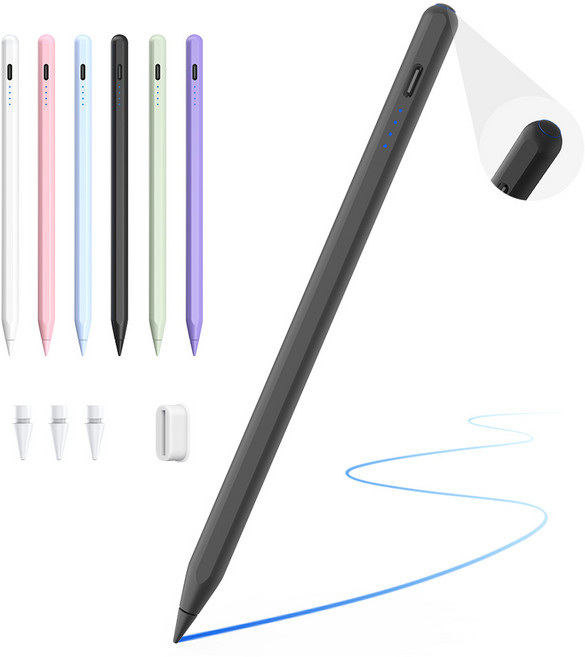 JAMJAKE 아이패드 호환 스타일러스 펜슬 스마트 터치펜 초미세 펜촉 USB-C 충전식 SP8, 1개, 블랙