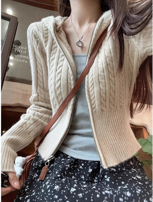 OSTB 여성 세미크롭 슬림핏 케이블 후드 집업 자켓