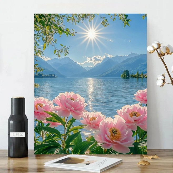 3D 보석십자수 세트 캔버스형 사각비즈 액자형 40x50cm 풍수 인테리어 DIY 키트 풍수 집들이 선물 취미생활, 1개, 핑크 모란꽃 호수