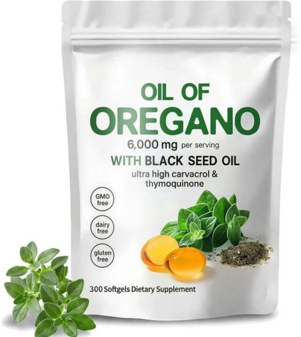 Oil of Oregano 6000mg with Black Seed Oil 300 Softgels - High Carvacrol & Thymoquinone Non-GMO, Oil of Oregano 6000mg with Bla