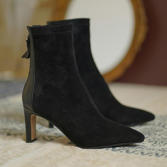 POMTOR 살구색 스틸레토 6CM 앵클부츠 스판 슬림 부츠컷 앤 앵클 부츠녀