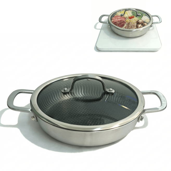 Riwonas 통3중 스텐 벌집 코팅 전골냄비 후라이팬 다용도 냄비 샤브냅비 멀티솥 인덕션 IH 겸용, 1개, 혼합색상, 24cm