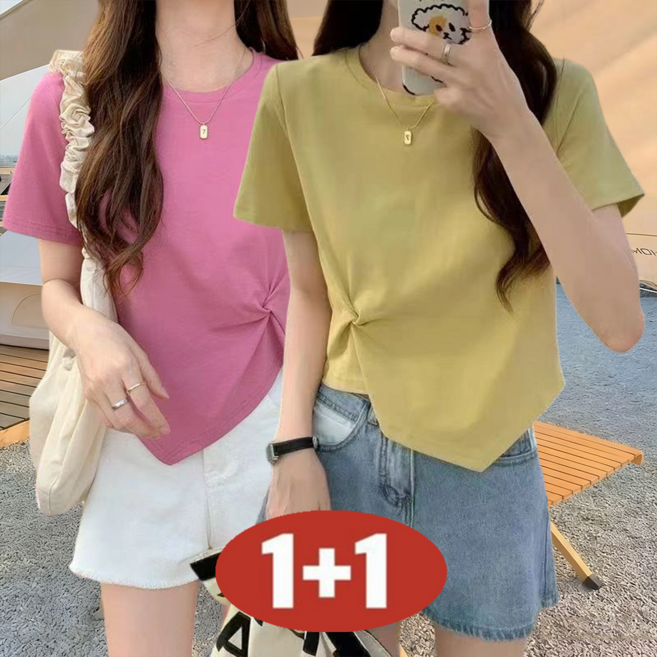 여성용 여름 1+1 초특가 숏 슬림핏 날씬해 보이는 단색 비대칭 하이웨이스트 라운드넥 반팔 티셔츠