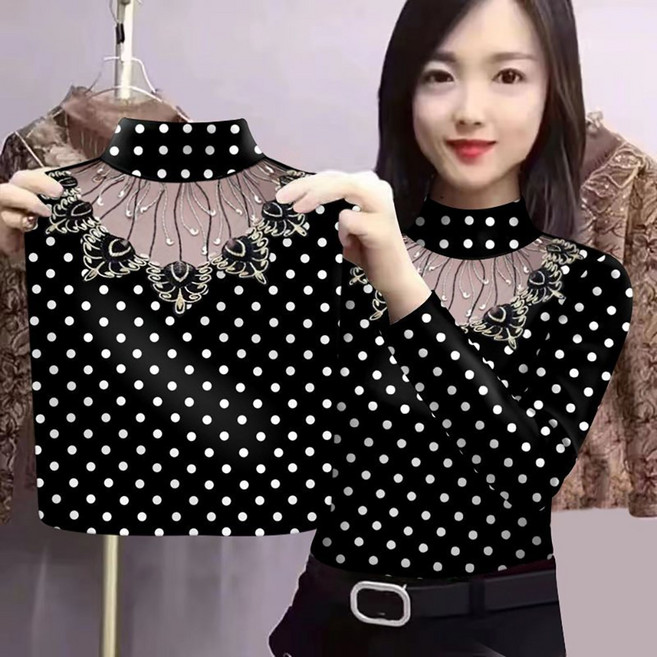 ROYALBELLE 여성 레이스 반목 긴팔 시스루 슬림핏 우아한 세련된 스타일 티셔츠 B0092665