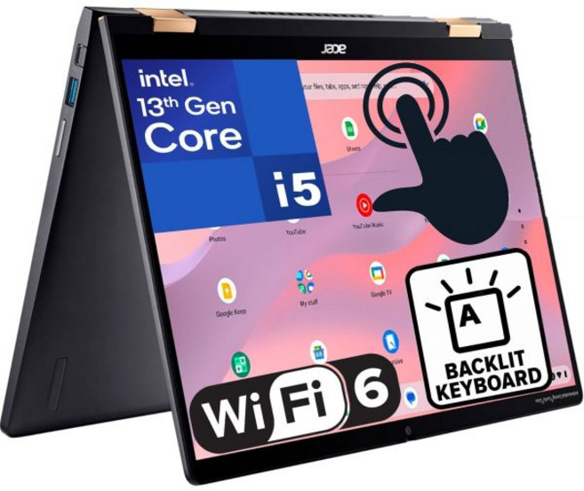 Acer 크롬북 스핀 714 14인치 터치스크린 FHD+ 2-in-1 노트북 13세대 인텔 10코어 i5-1335U 비트 i7-1270P 8GB LPDDR4X RAM 128GB, 128GB PCIe SSD + 16GB 3 in 1 P