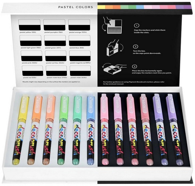 Karin 안료 Decobrush 아크릴 페인트 마커 12가지 파스텔 색상 컬렉션 브러시 팁 아크릴 마커 세트 불투명 내광성 및 방수 페인트 펜 목재 원단 캔버스