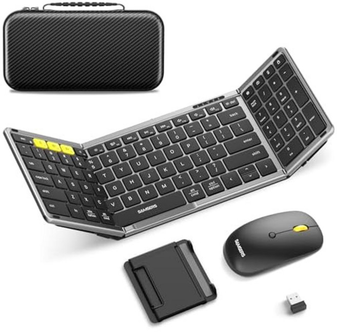 휴대용 접이식 블루투스키보드 세트 저소음무선키보드 충전식 무선마우스 포함 사무용 및 여행용으로 최적화된 편리한 사용감, 키패드, 그레이블랙, 2.4G+블루투스5.0x2