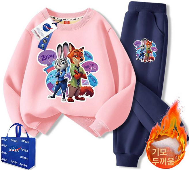 주토피아 맨투맨 티셔츠 주디 추리닝 동물 캐릭터 세트 상하복 기모 바지 겨울, 조합형 핑크+다크네이비