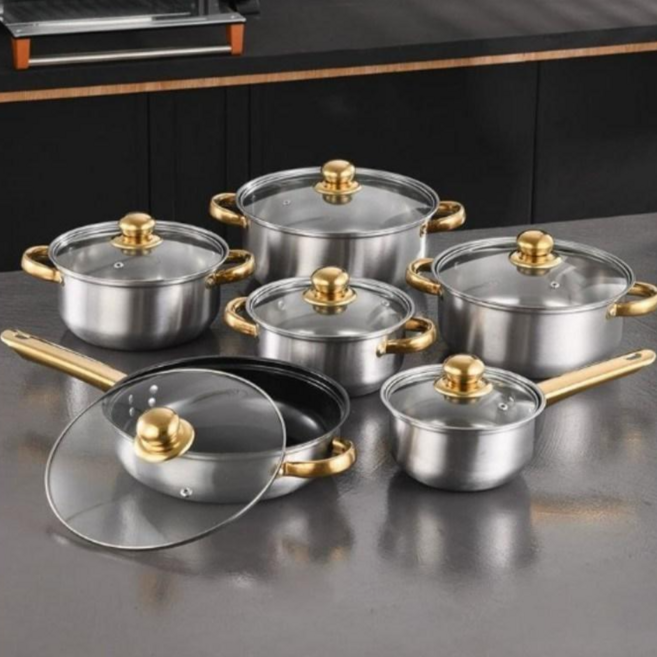 미츠키 골드 인덕션용 손잡이 후라이팬 스텐 냄비 세트, 1세트, 6종, 골드 스텐