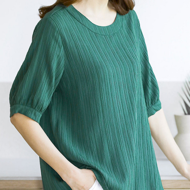 플리츠 셔링 블라우스 여름 인견 5부 소매 반팔 티셔츠 넉넉한핏 체형커버
