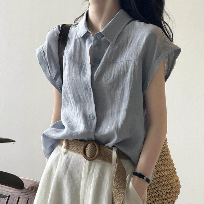 Akimu 여성 린넨 반팔 셔츠 기본 카라 데일리룩 여름