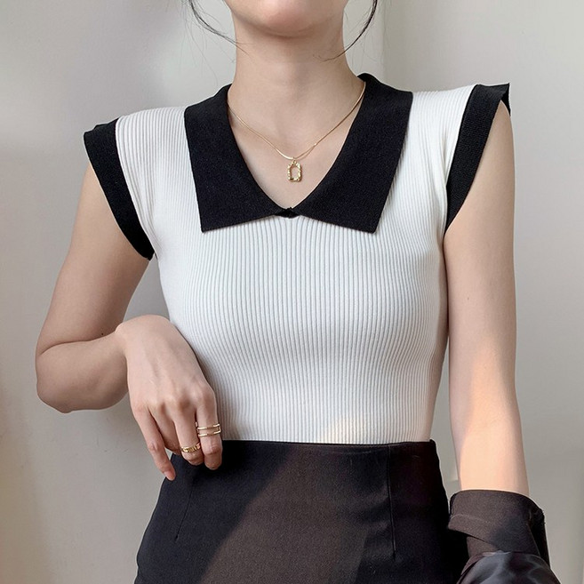 스타일아유 여성 여름 시원한 골지 카라 캡소매 민소매 기본 니트 이너템 오피스 캐주얼 KN0645