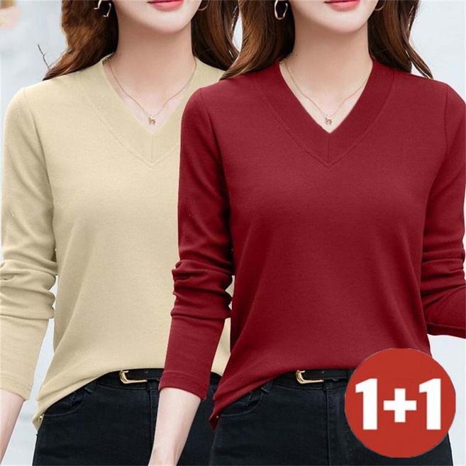 TKX 1+1 여성 가을 겨울 데일리 긴팔 브이넥 티셔츠 슬림핏 캐주얼 골지 쫄티