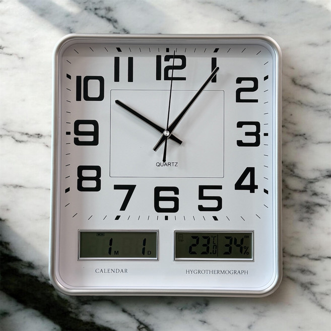 홈컴퍼니 무소음 사각 온도 습도 날짜 인테리어 건전지 LCD 벽시계 34CM, 실버