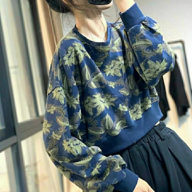 모리 가을 문예 빈티지 프린트 숏 상의 루즈핏 캐주얼 데일리 플라워 맨투맨