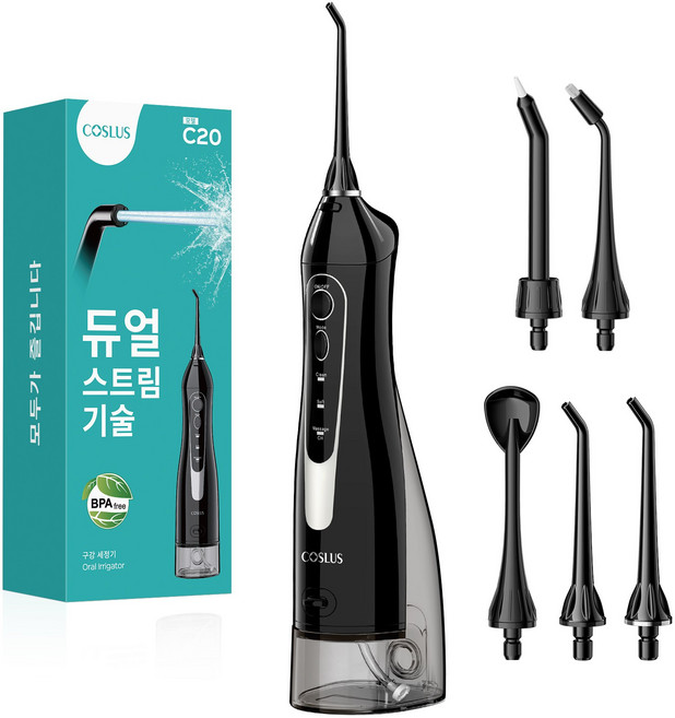 코슬루스 휴대용 무선 구강세정기 물치실 IPX7급방수+5개노즐팁, 블랙