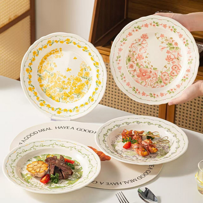 니치유 북유럽 접시 예쁜 스테이크 원형 파스타접시세트, 옐로우+퍼플+그린+핑크, 26.5cm*10인치, 4개