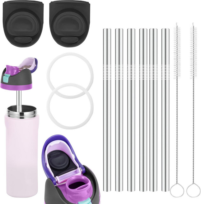 오왈라 프리십을 위한 12PCS 교체용 빨대 24oz32oz와 호환되는 청소 브러시 2개 재사용 가능한 스테인리스 스틸 물병 씰 링 스토퍼, Colorful