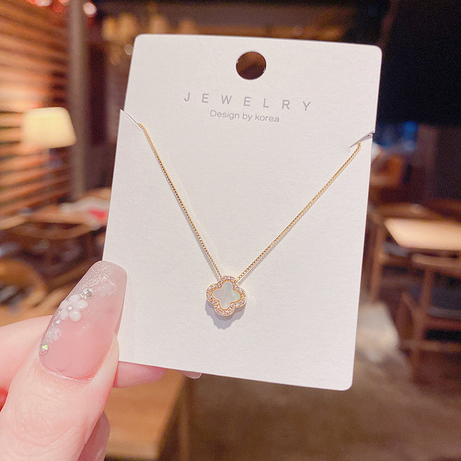 여성 미니 네잎클로버 편던트 목걸이 - 헤비 14K 도금 미니큐빅 세팅