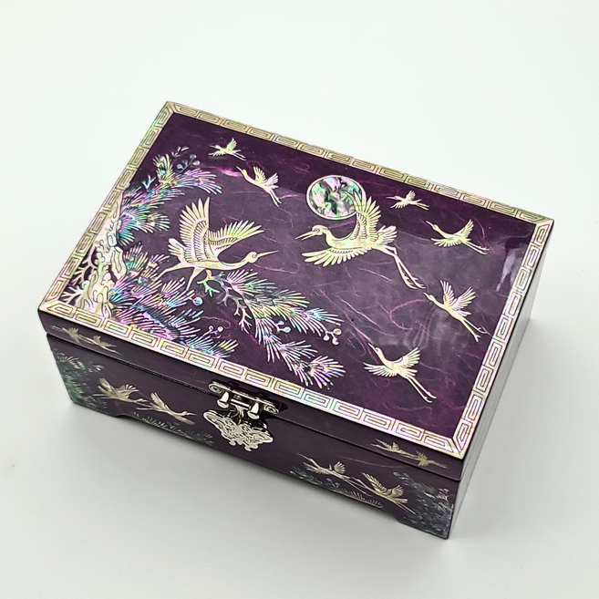 한국민예사 나전칠기 한지 검정 6치 자개 보석함 돌반지 악세사리 보관함 돌반지함 한국 전통 공예품 외국인 선물, 송학 보라