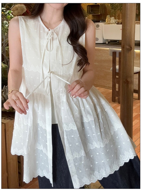 스타일 키 SK2615 여성 캐주얼 시스루 레이스 끈여밈 코튼 롱베스트 민소매 프릴 레이어드 조끼