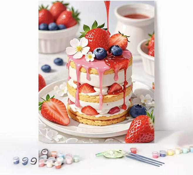 LCLC 피포페인팅 집중력 힐링 취미 유화그리기 DIY 숫자 페인팅 세트 감성 풍경 캔버스 30x40cm, 딸기케이크, 1개