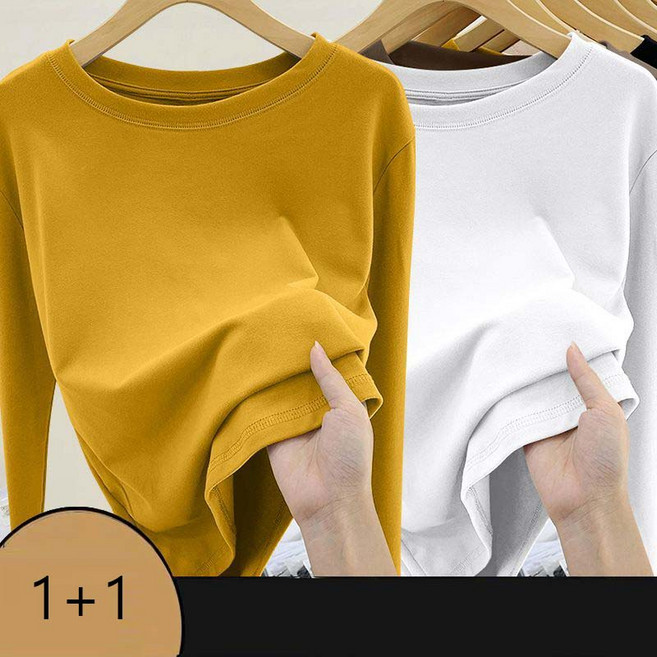 1+1 여자 기모 티셔츠 빅사이즈 슬림핏 라운드넥 기모 긴팔티 2매입 가을 겨울 여성 긴팔 티셔츠 CJJ