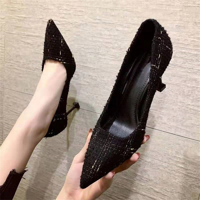 TKX 여성용 트위드 포인트토 슬림 스틸레토 하이힐 고급 정장 오피스 데일리 공식석상 슈즈