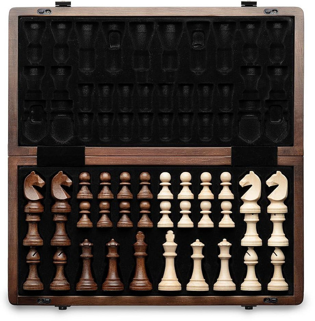 A&A 38.1cm(15인치) 나무 체스 세트 및 체커 / 접이식 보드 7.6cm(3인치) 킹 높이 스탠튼 피스 월넛 박스 w/월넛 & 단풍나무 상판 2 엑스트라 퀸 클래식 i