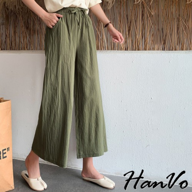 HanVo 棉麻綁繩休閒寬褲 寬鬆長褲 韓國韓系女裝