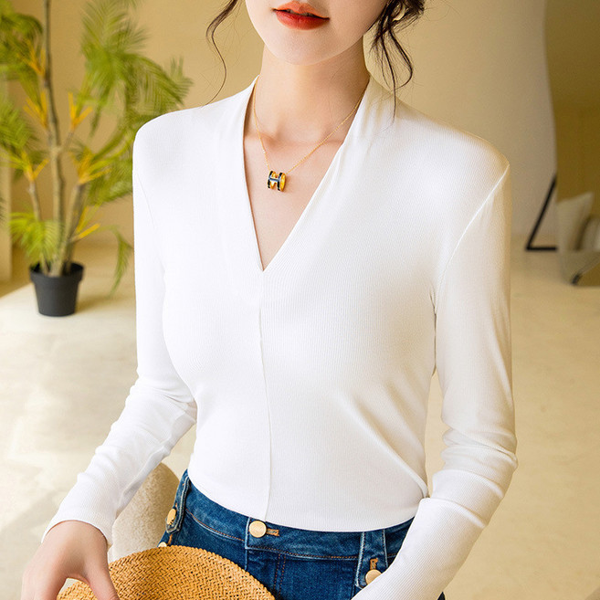 螺紋打底衫女款 性感深V領上衣 彈力緊身內搭長袖衫, 白色,2XL, 白色