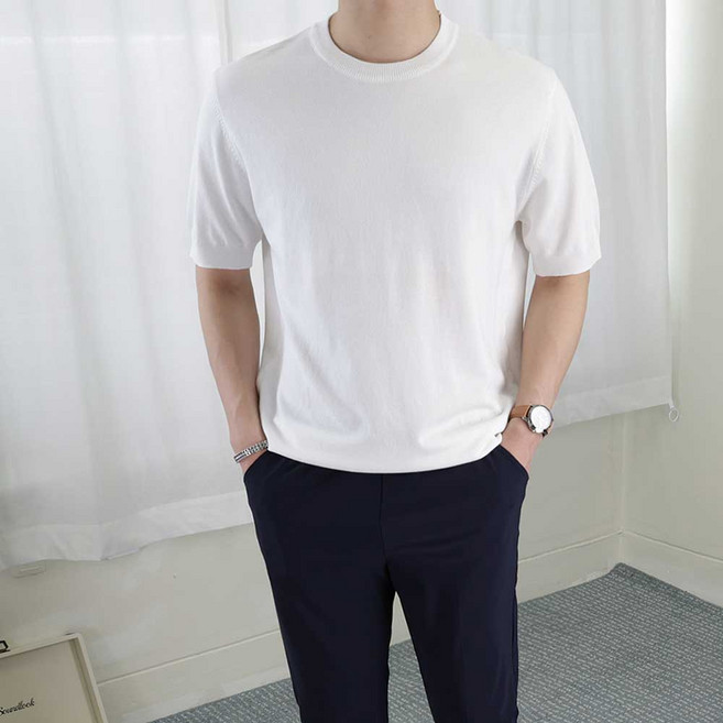 로코비전 남성 시그니처 아이스 머슬핏 라운드 반팔 니트