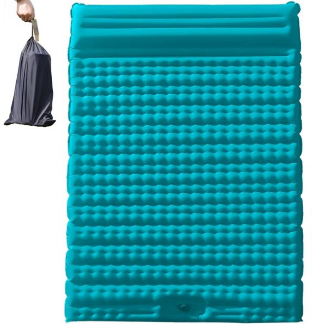 더블 슬리핑 패드 - 셀프 인플레이팅 휴대용 인플레이터블 매트 엑스트라 두께의 대형 캠핑 패드 내장 풋 펌프 하이킹 여행 텐트 캠핑을 위한 디자인 (블루), Blue