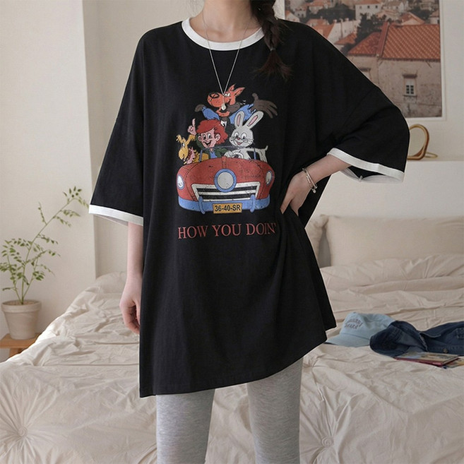 데일리앤 레이지 코튼 오버핏 빈티지 프린팅 배색 반팔 여성 7부 레깅스 티셔츠 봄 여름 가을