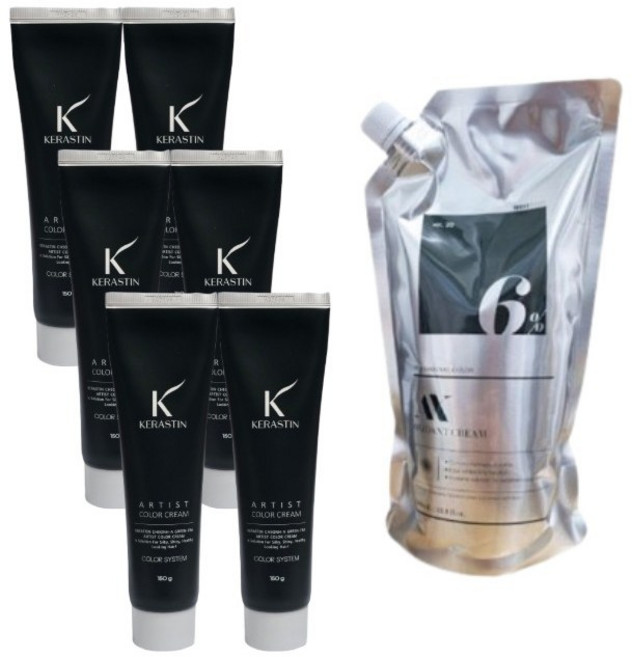 케라스틴 아티스트 청아녹차 새치커버 염색약 세트 150ml + 산화제 선택(150ml / 1000ml), 1개, 6.03 황금빛갈색-6개/산화제