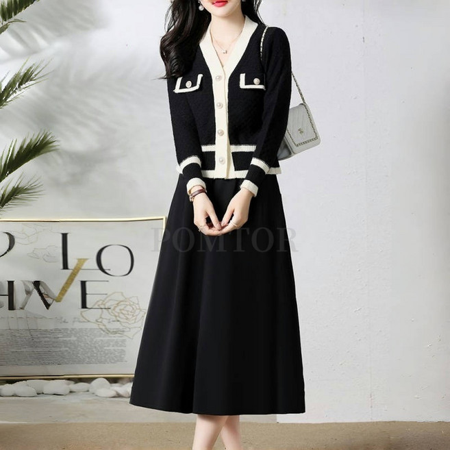 POMTOR 여성 캐주얼 패션 가을 겨울 하객룩 니트투피스 니트 스커트 세트