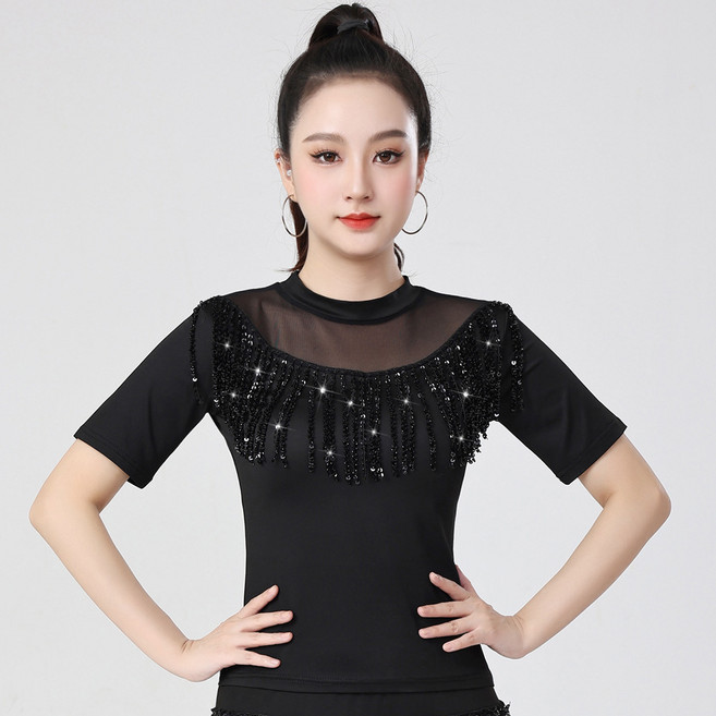 와우진플 라운드넥 시스루 스팽글 수술 반팔 댄스 상의 (128)