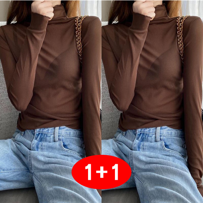 1+1 여성 망사 긴팔티 봄가을 캐주얼 레이스 터틀넥 이너 상의 패션 코디 시스루 티셔츠 WMY