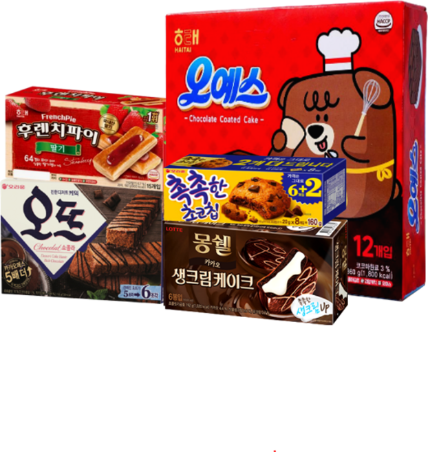 [안녕골목마켓]오예스(12개입)+몽쉘카카오(6입)+오뜨쇼콜라(6입)+촉촉한초코칩(6+2)+후렌치파이(15입), 1세트