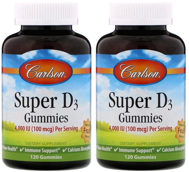 [1+1]Carlson Labs 칼슨 랩스 Super D3 과일 맛(딸기 레몬 오렌지 맛) 25mcg(1 000IU) 구미젤리 120개 콜레칼시페롤 함유 - 쿠팡