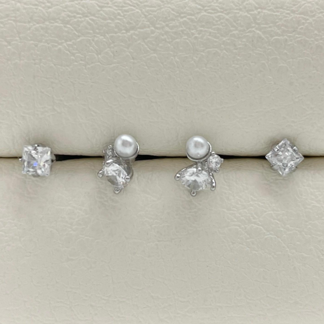 쁘띠 미니 큐빅 진주 귀걸이 4종 세트 (3color)