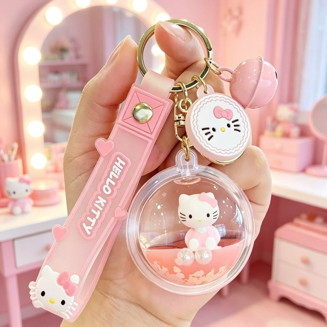 Hello Kitty 流沙入油鑰匙圈 閃亮液體吊飾 壓克力掛飾 學生書包掛墜, 1個, 幸福摩天輪 KT