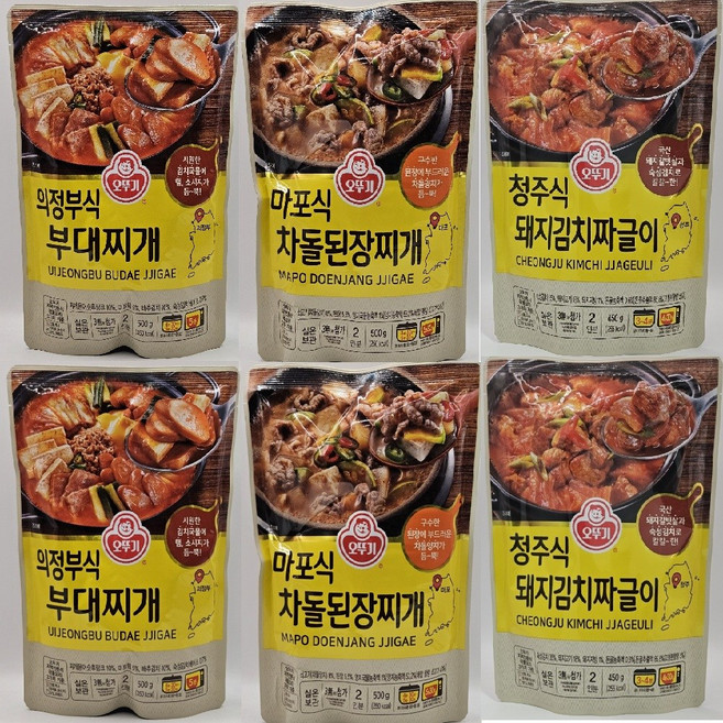 오뚜기 의정부식 부대찌개 500g 2개+마포식 차돌된장찌개 500g 2개+청주식 돼지김치짜글이 450g 2개(총 6개)