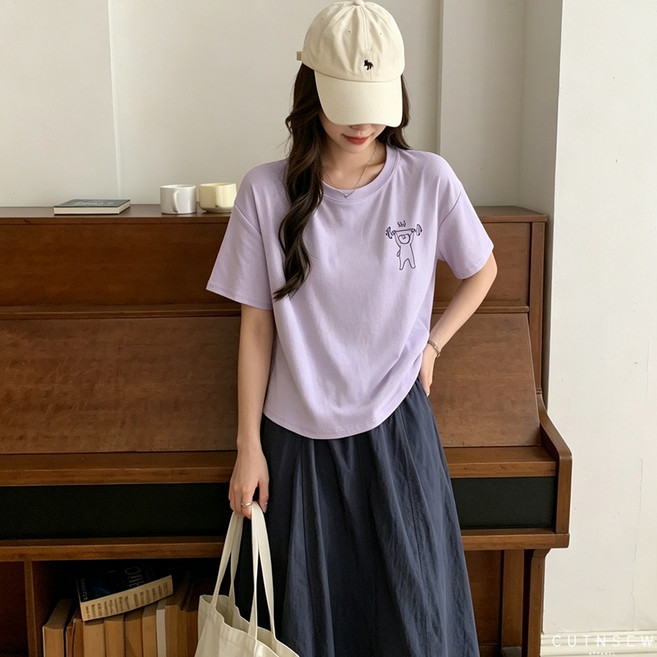 CUTNSEW 印花休閒T恤 短版寬版 棉質圓領 4色, 紫